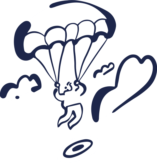 Illustration of a person skydiving with a parachute aiming towards a target on the ground.
